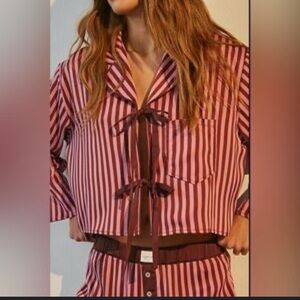 Urban Outfitters Out From Under Size S/P NWOT Pink Striped Top w brown satin tie